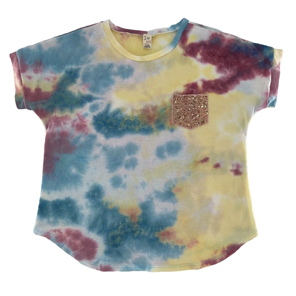 7th Ray Womens Short Sleeve Multicolor Tie Dye Waffle Knit Pullover Shirt XL